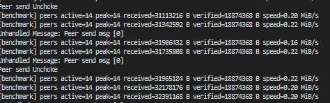 RustBitTorrent benchmark output with active peers, verified bytes, and download speed